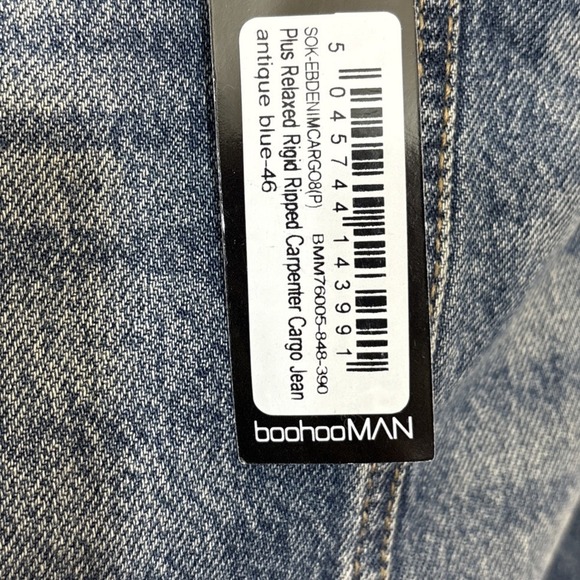 NWT boohooMAN Jeans Sz 46 Button Fly Plus Relaxed Rigid Ripped Carpenter Cargo - Picture 4 of 15